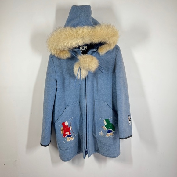 Vintage Points North Embroidered Inuit Scene Blue Wool Parka with Fur Trim Coat - Picture 2 of 15